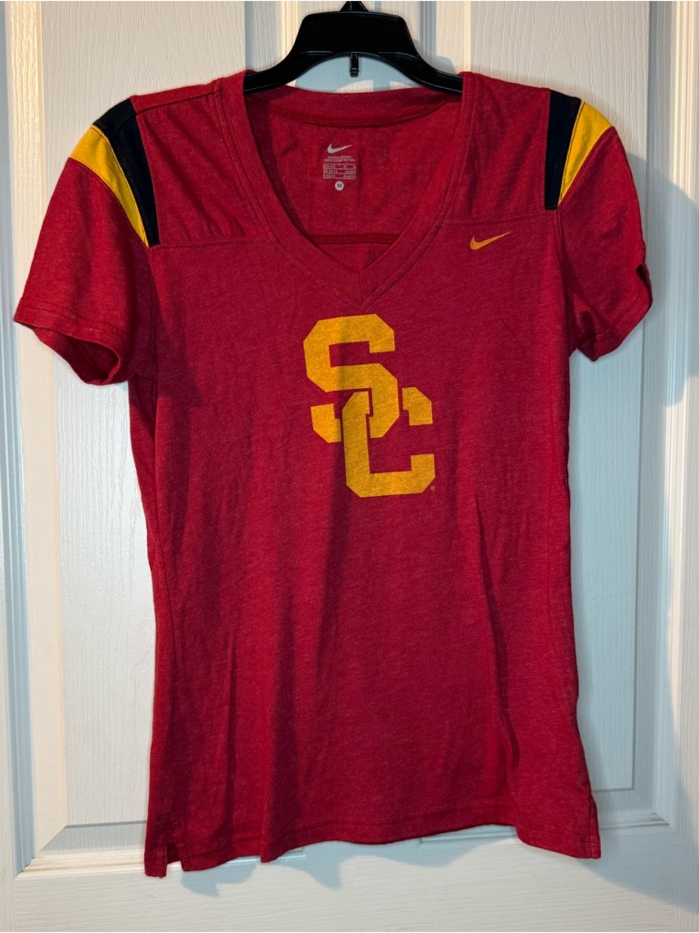 Nike Women’s Cardinal Red V-Neck USC Tee with Gold Logo